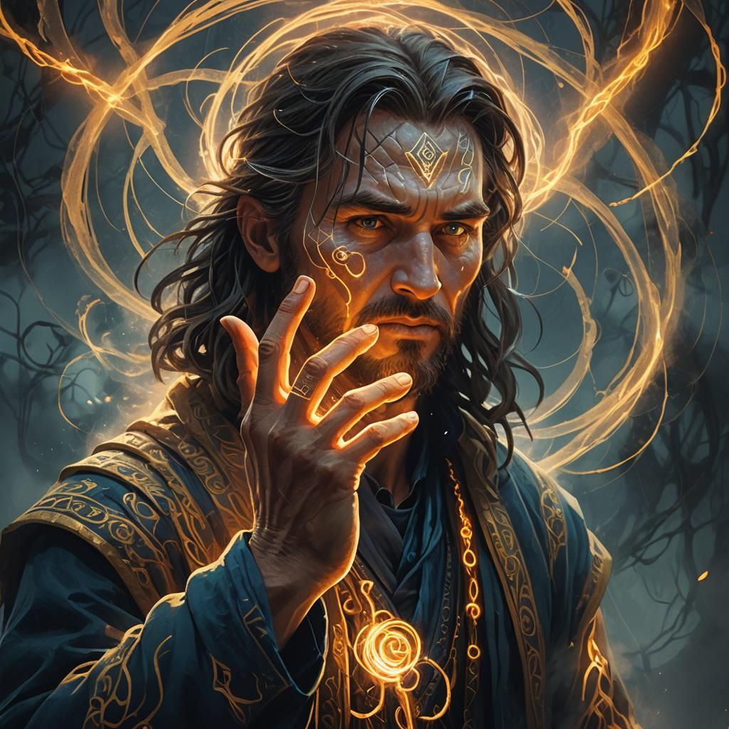 Mystical Sorcerer Casting Illusion Magic in Dramatic Lightin...
