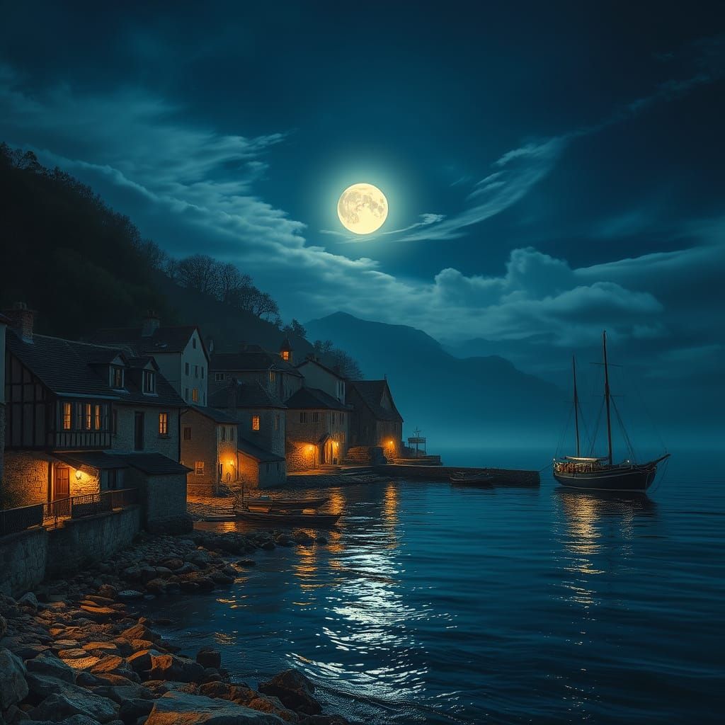 Moonlit Seaside Town with Shimmering Reflections