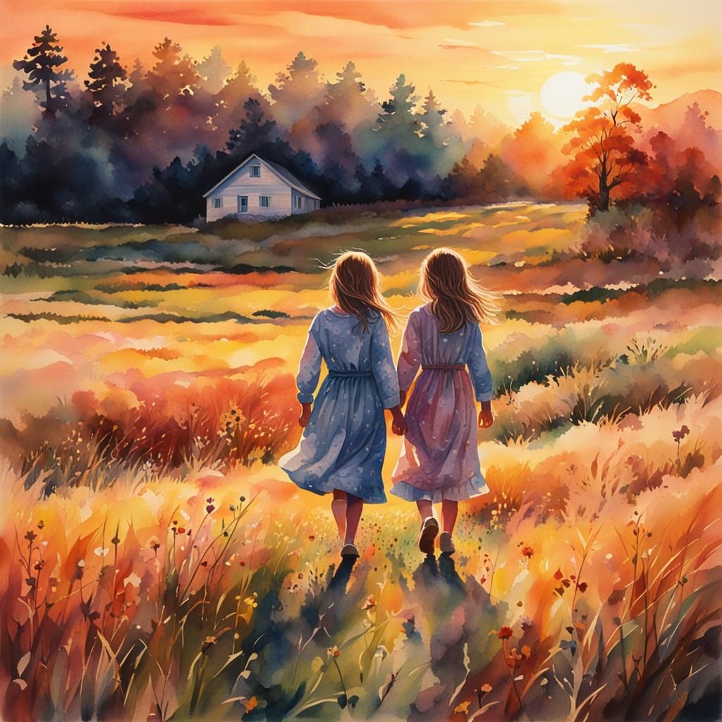 Sisters Walk Through Sunset Field: Watercolor Art