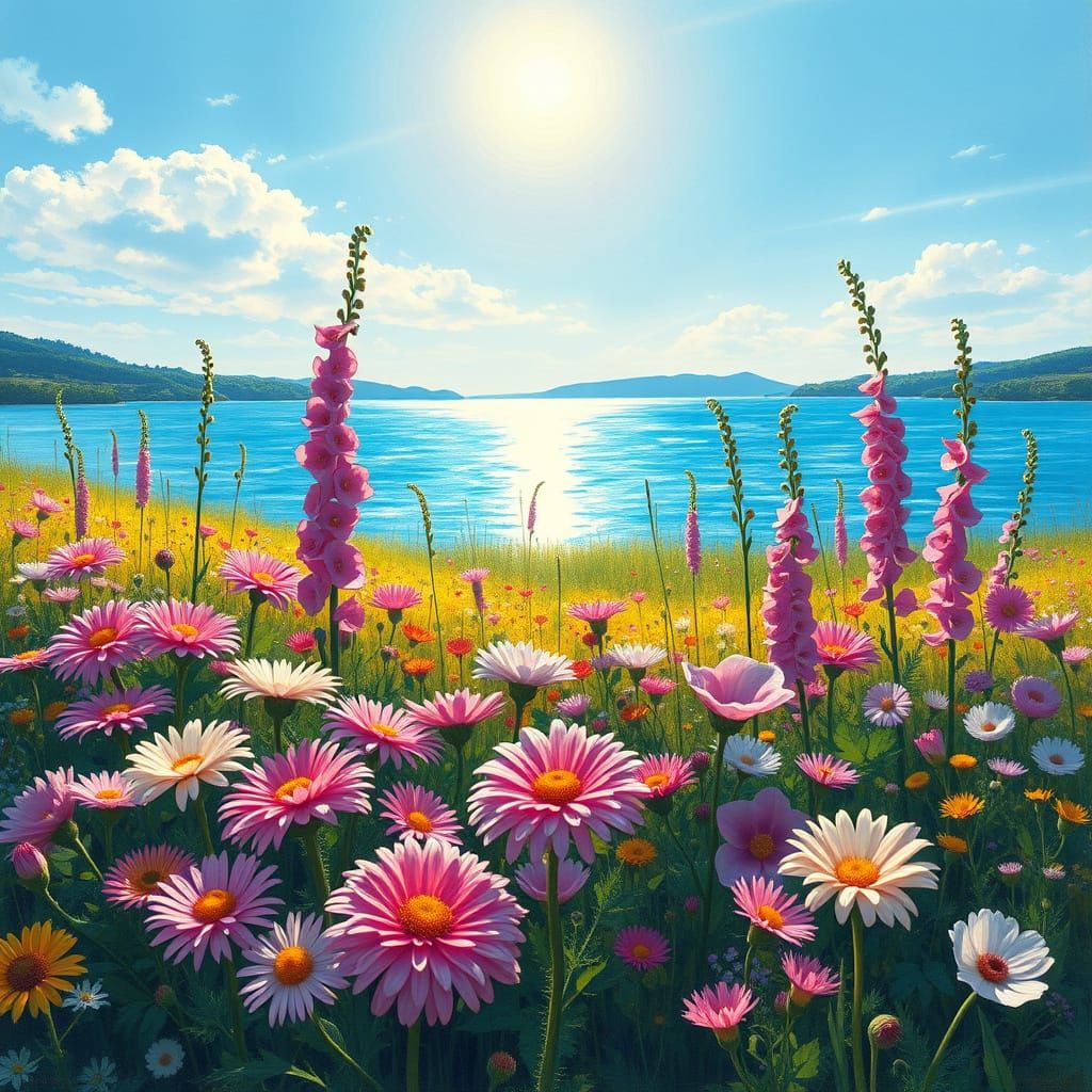 Vibrant Spring Flowers Bloom in a Serene Lake Landscape, in ...
