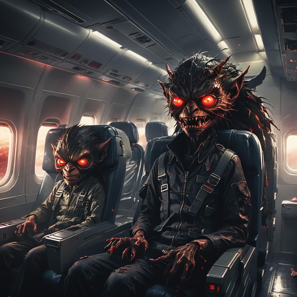 Gremlins Terrorizing Passengers in Dark Fantasy Illustration