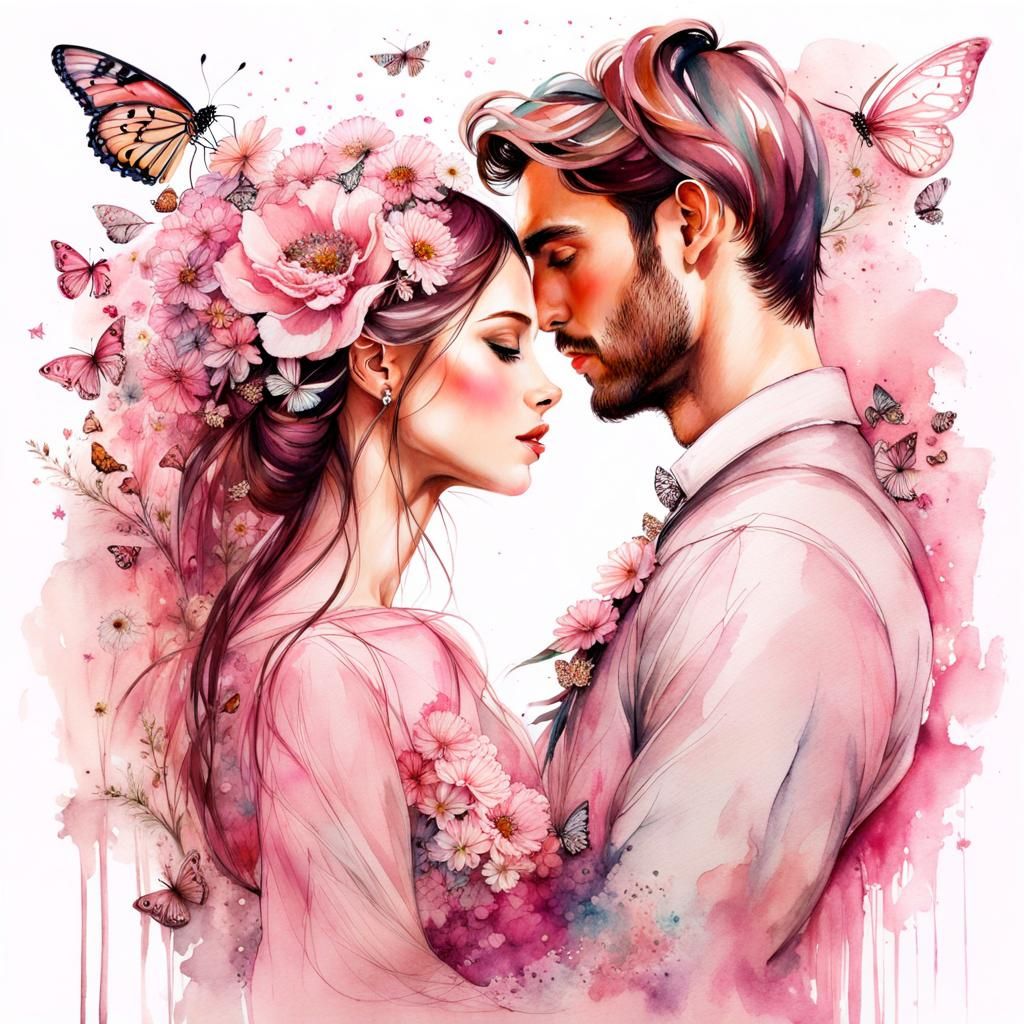 Romantic Beach Scene with Couple in Watercolour Style