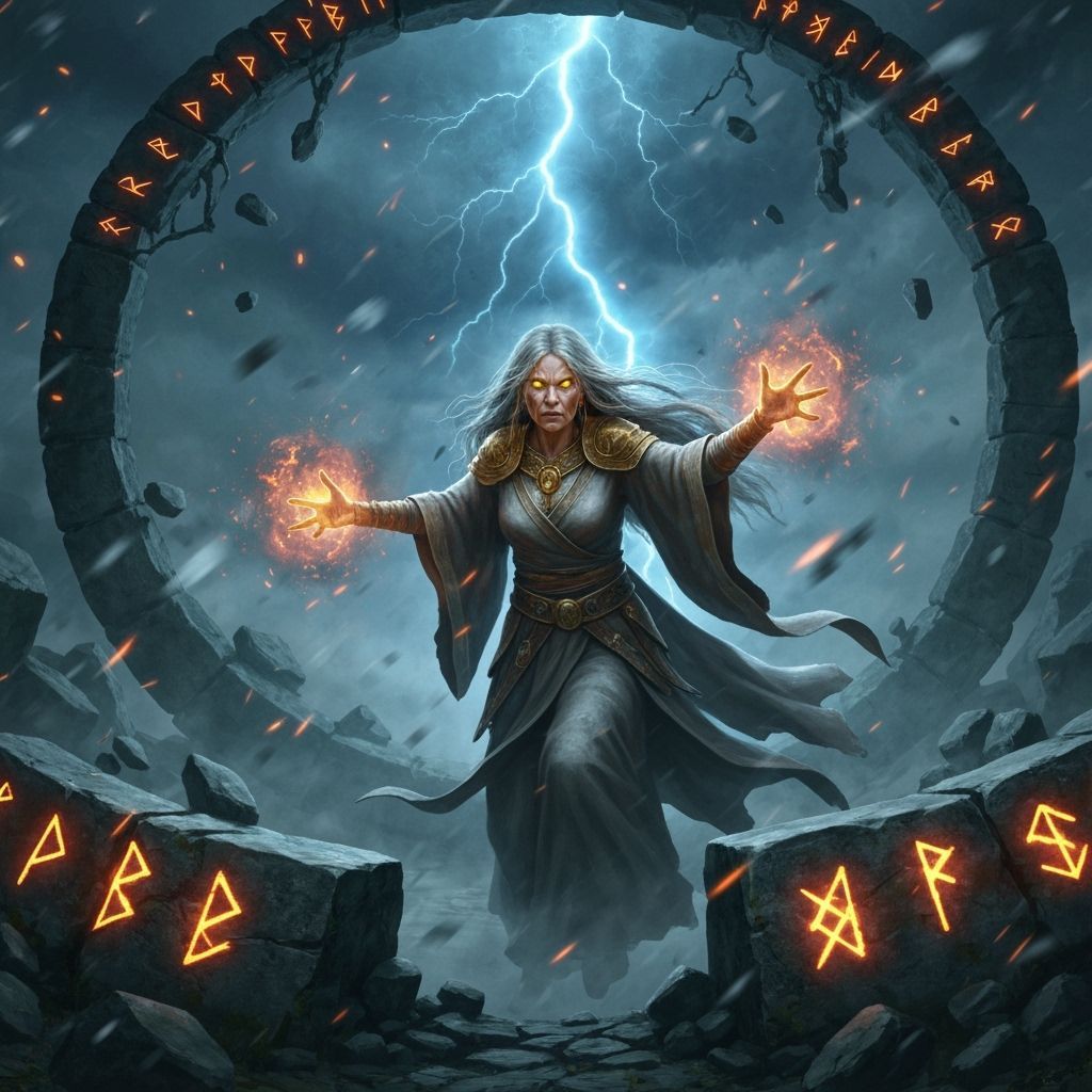 Ancient Sorceress Conjures Storm in Stone Circle