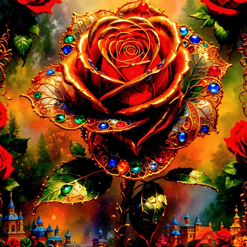 Gold Metal Rose with Lace and Gems