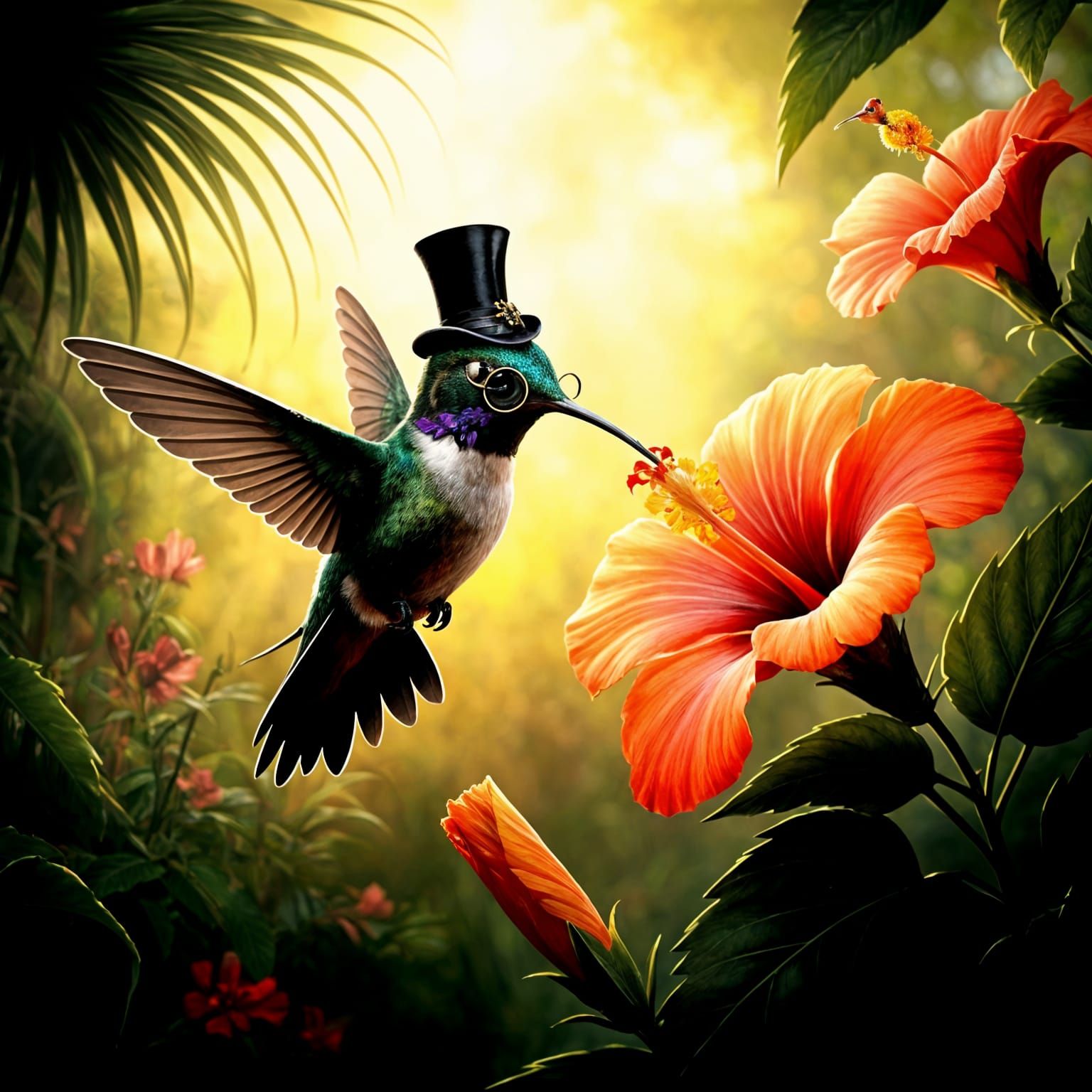 A whimsical, anthropomorphic hummingbird sipping nectar from a vibrant hibiscus flower in a sun-drenched tropical garden...