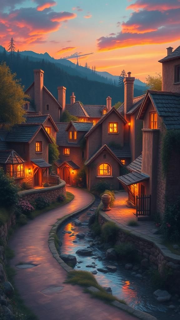 Fantasy Village at Sunset in Watercolor and Ink