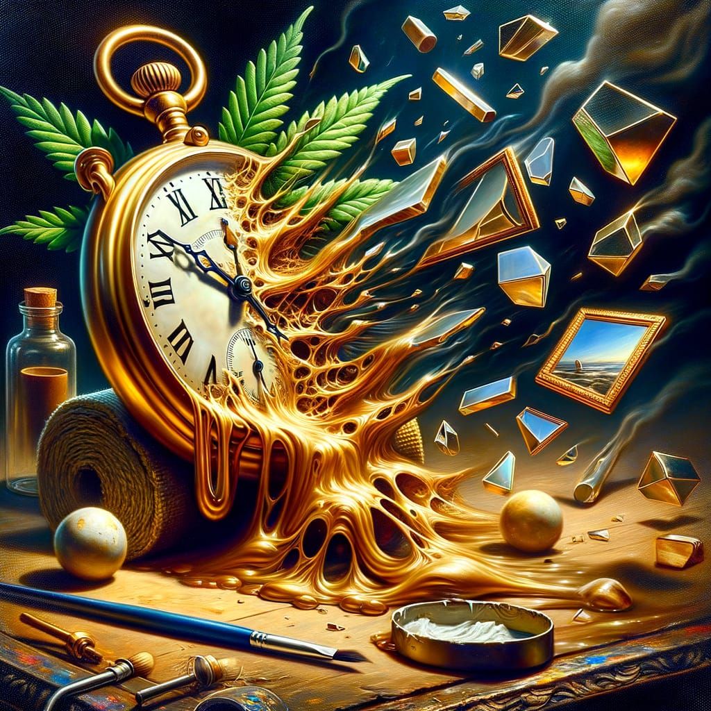 Surreal Melting Clock Still Life with Shattered Mirrors