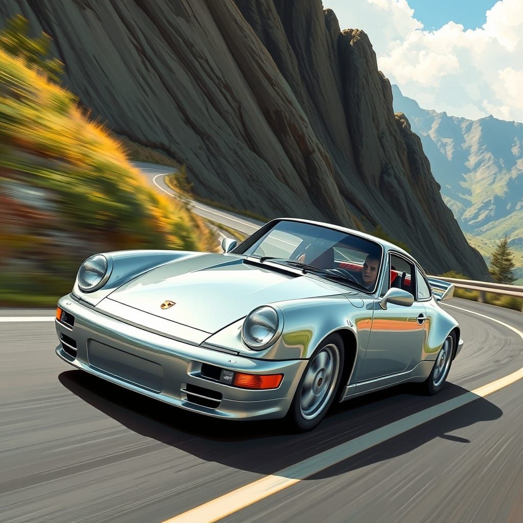 Racing Porsche 911 Speeds Down Winding Mountain Road in Cybe...