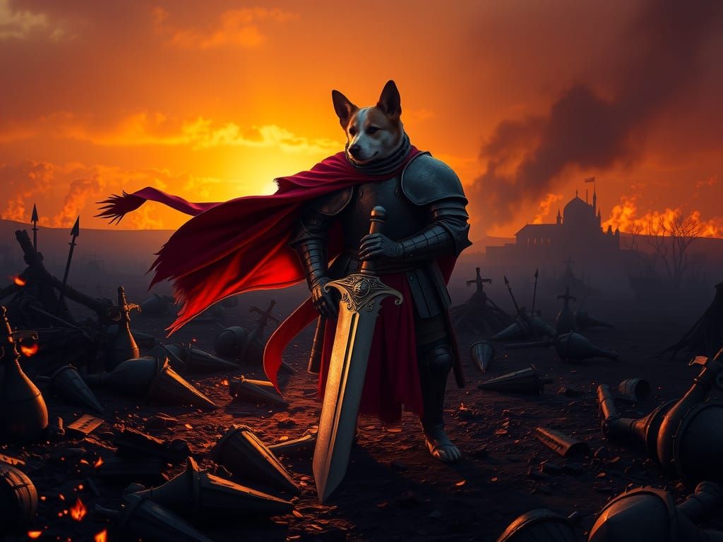 Majestic Corgi Knight in Weathered Armor