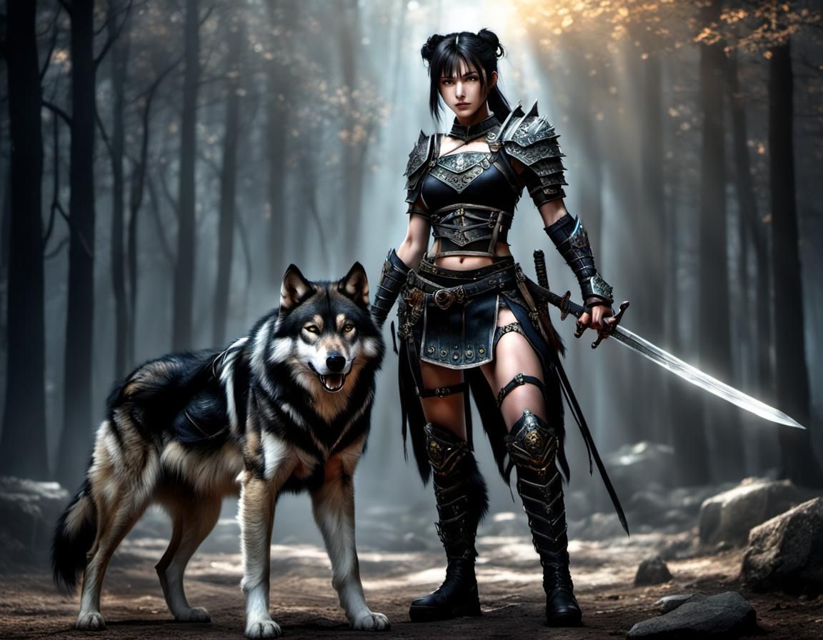 Armored Black-Haired Beauty with Wolf Pet