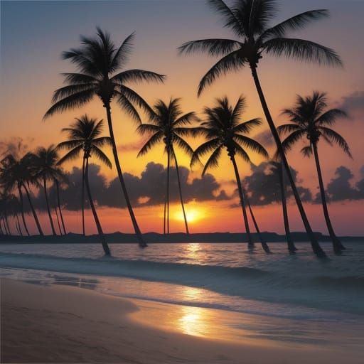 Tropical Beach Sunset in Vintage Photographic Style