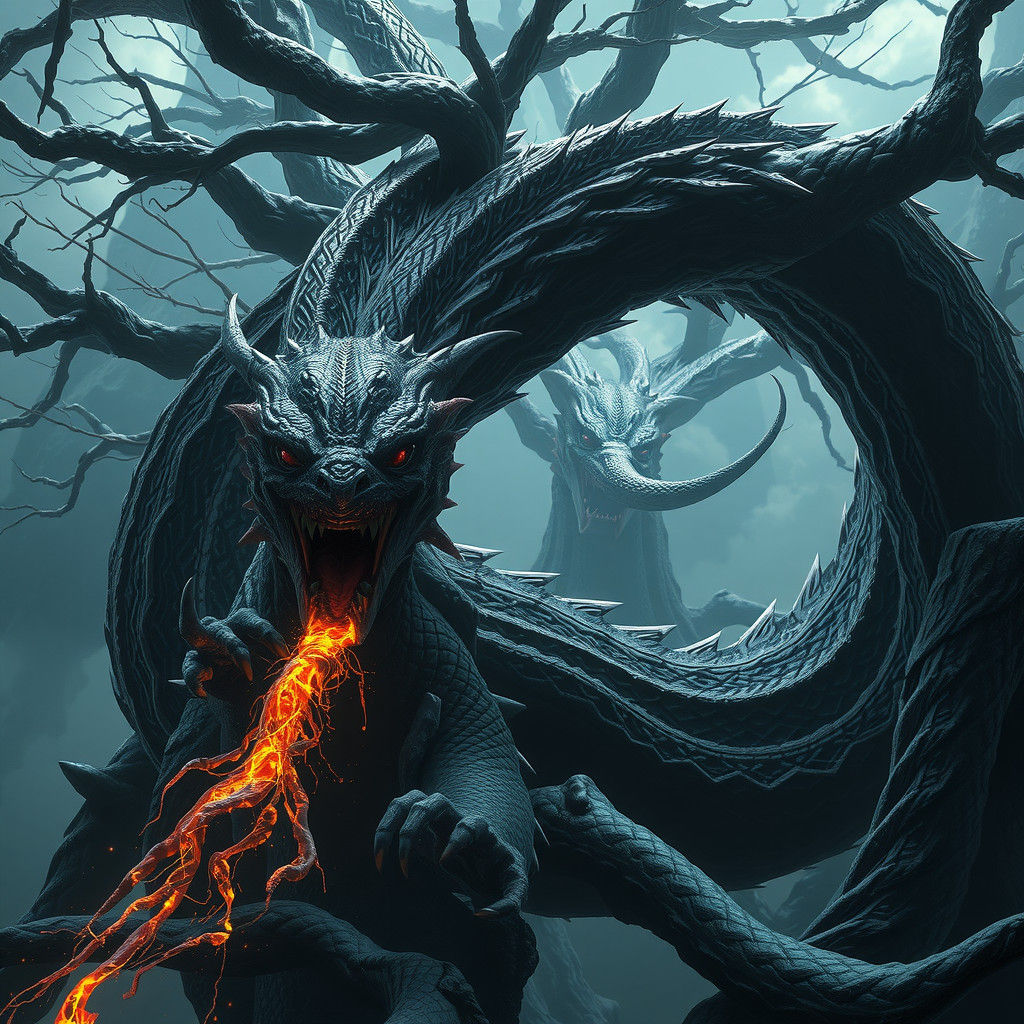 Níðhöggr Gnawing Yggdrasil Root: Dark Fantasy Art