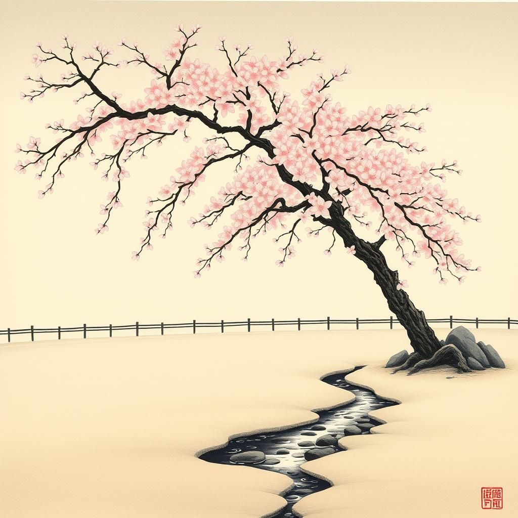 Zen Garden in Japanese Ink Wash Painting Style