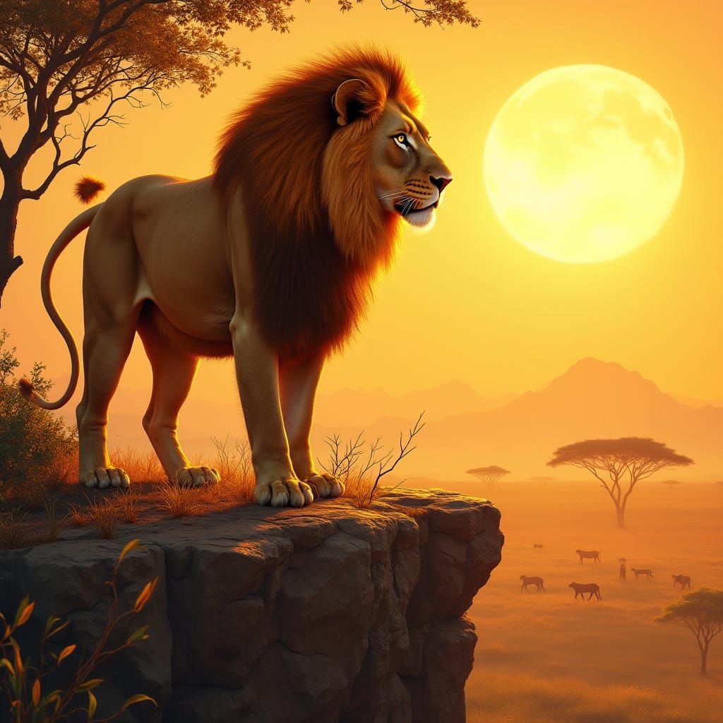 Lion with Fiery Mane Overlooking Savannah, Art Nouveau Style