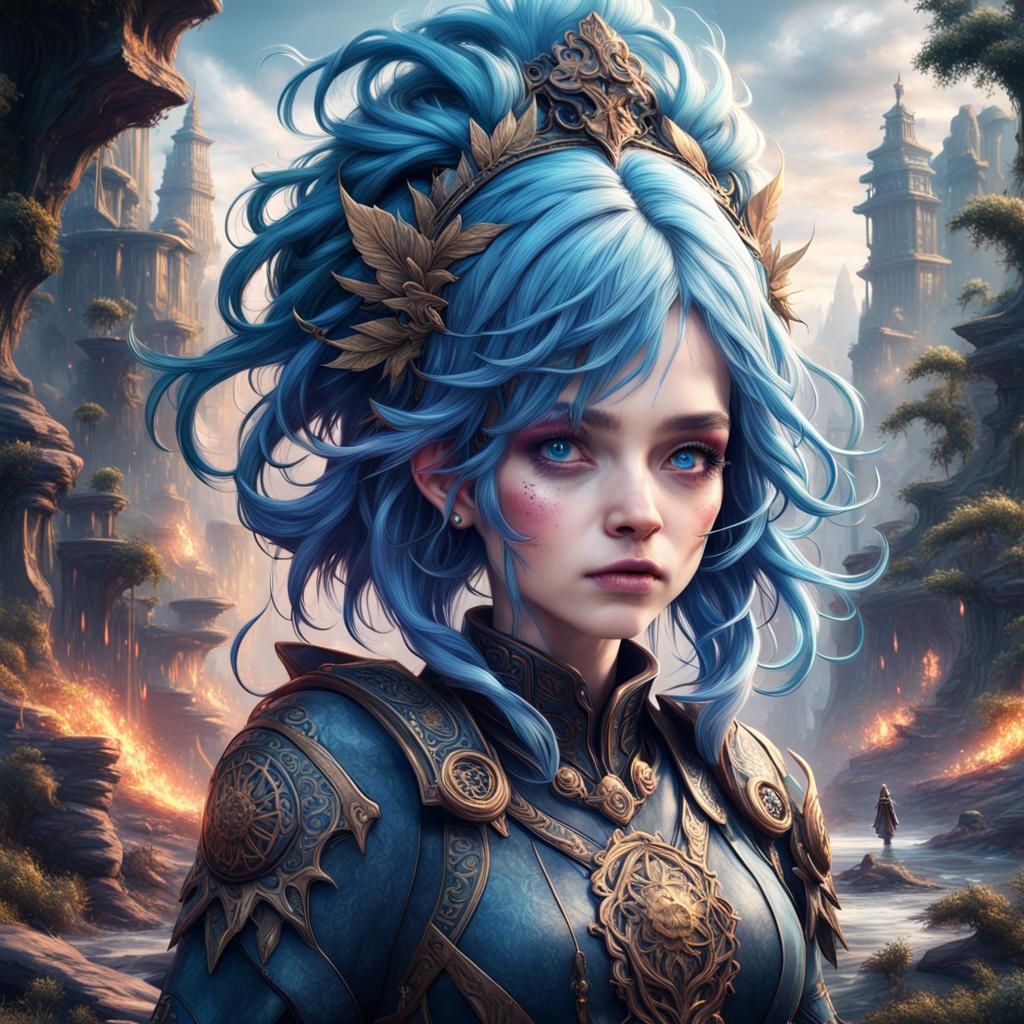 Blue-Haired Girl in Detailed Fantasy Art