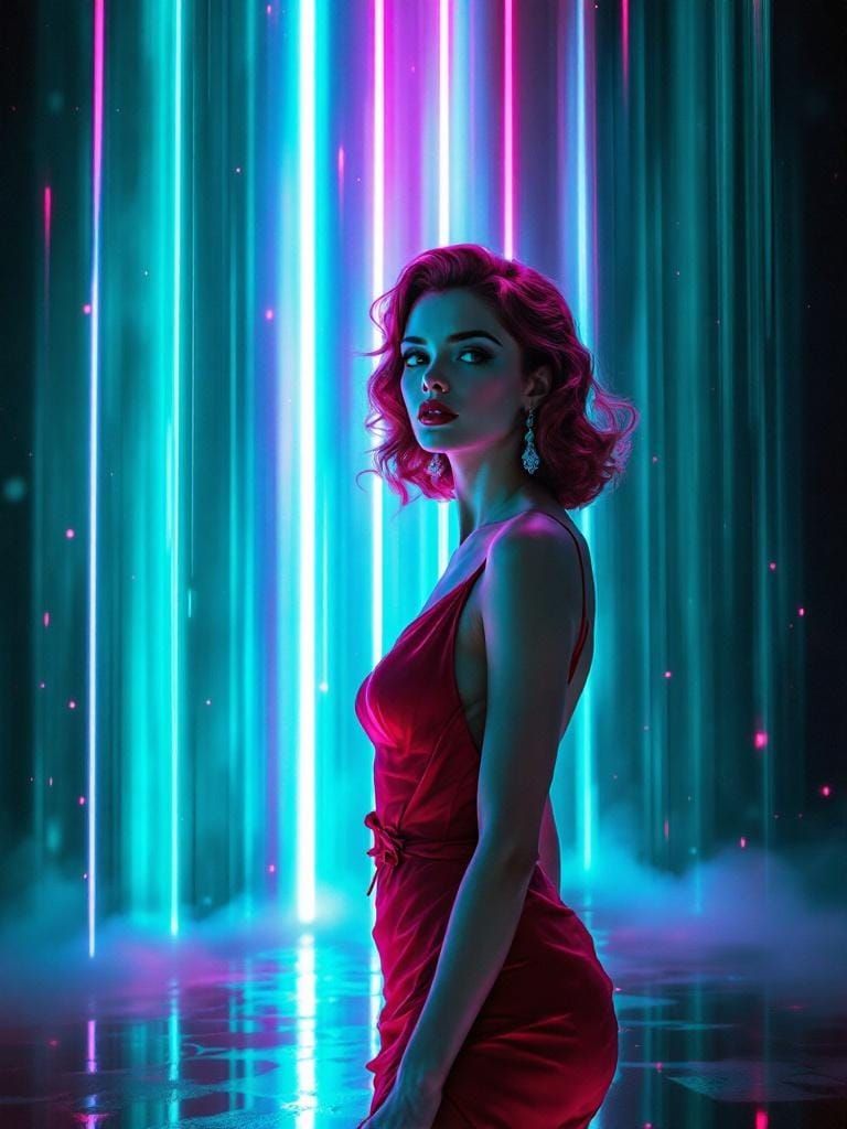 Neon Rain: Luminous Plasma Columns in Impressionist Style