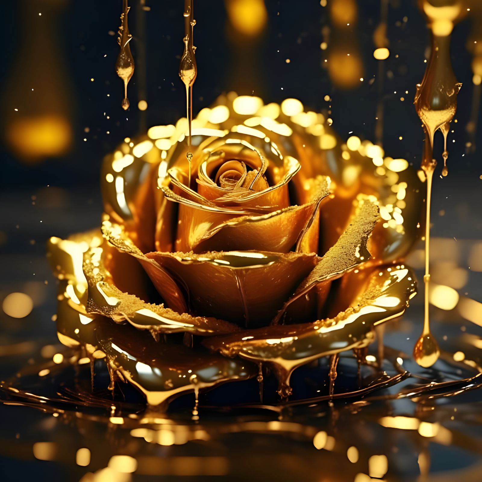 Golden Rose Macro Shot with Dripping Liquid Gold