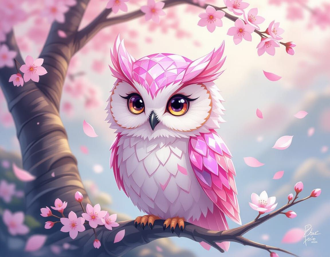 Crystal Chibi Owl in Cherry Blossom Tree, Anime Art