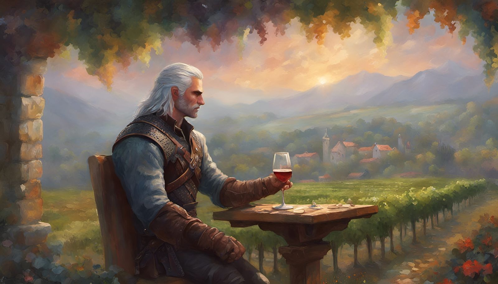Geralt of Rivia sipping wine at his vineyard