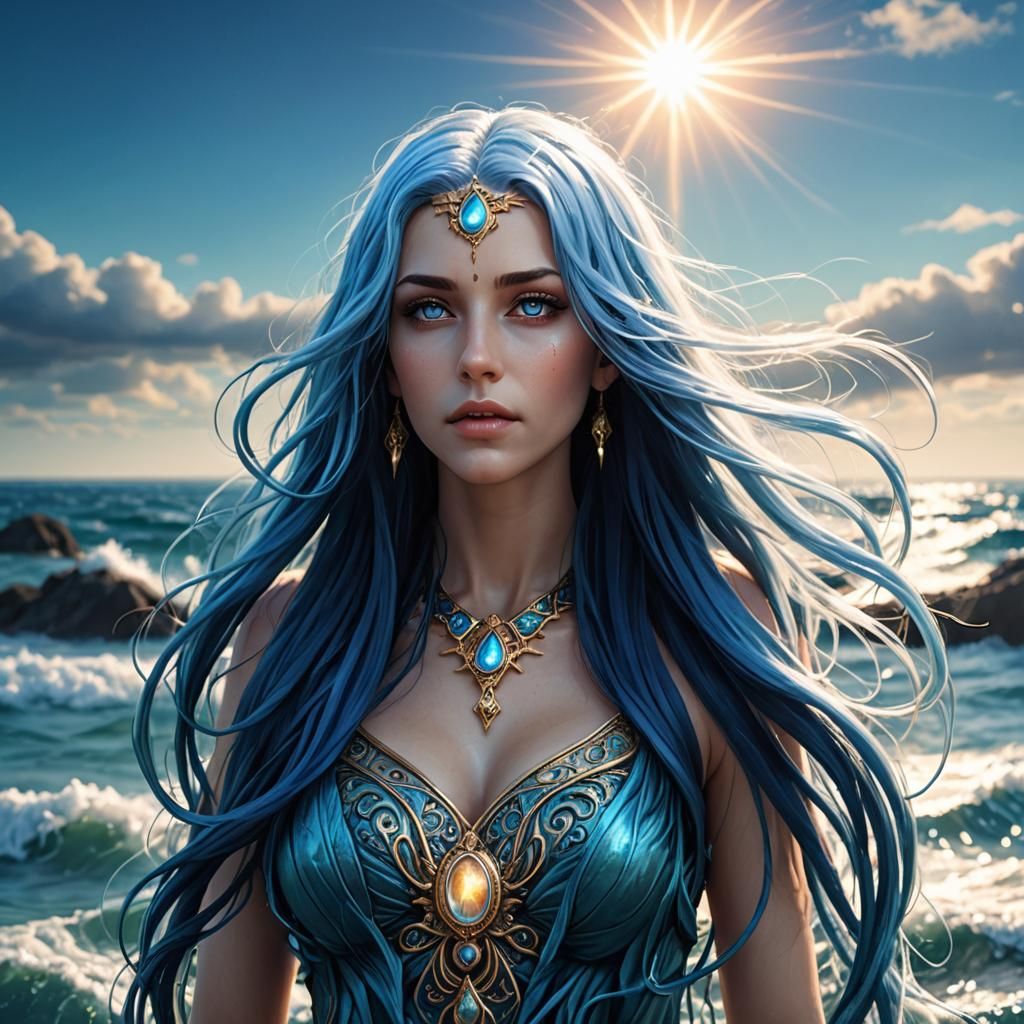 Ocean Goddess with Blue Hair: Digital Illustration