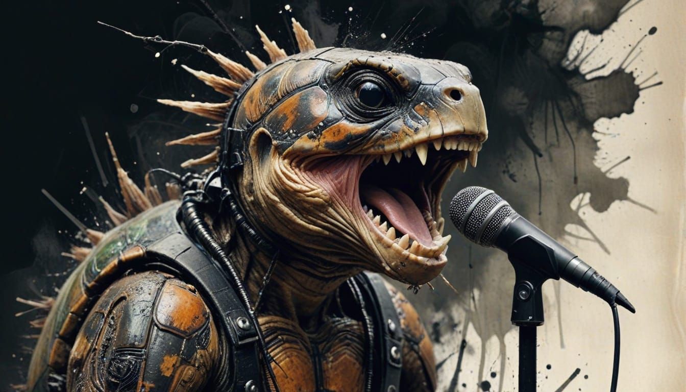 Turtle Punk Rock Singer in Grungy Maximalist Painting