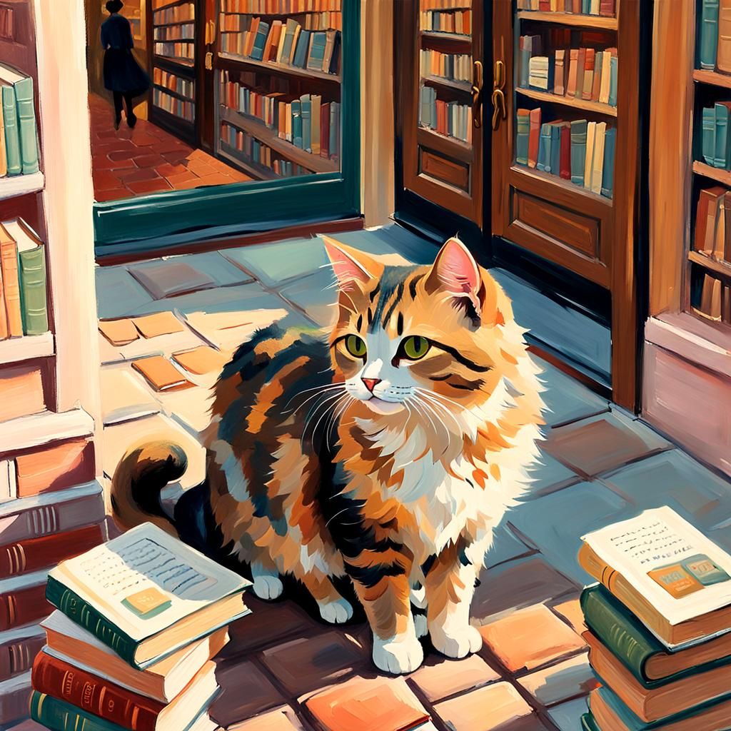 Impressionist Cat at Bookshop in Golden Light