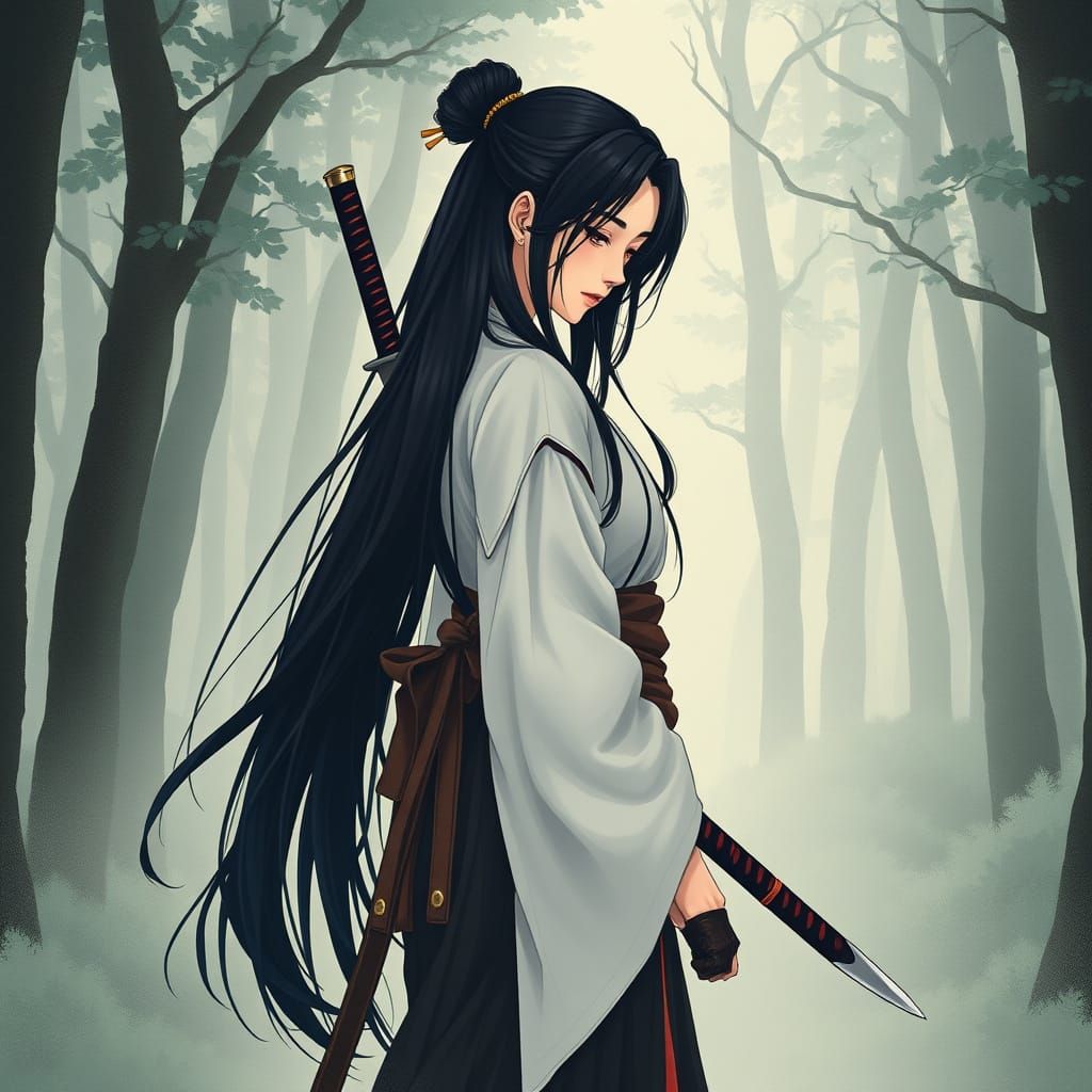 Traditional Japanese Warrior Contemplates in Misty Forest