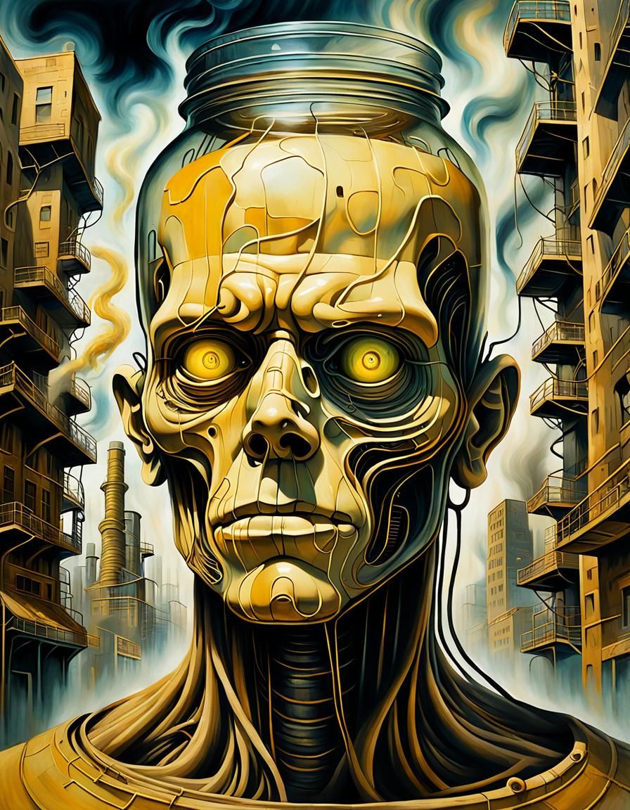 Dystopian Jar Head: Surrealist Impasto Catastrophe