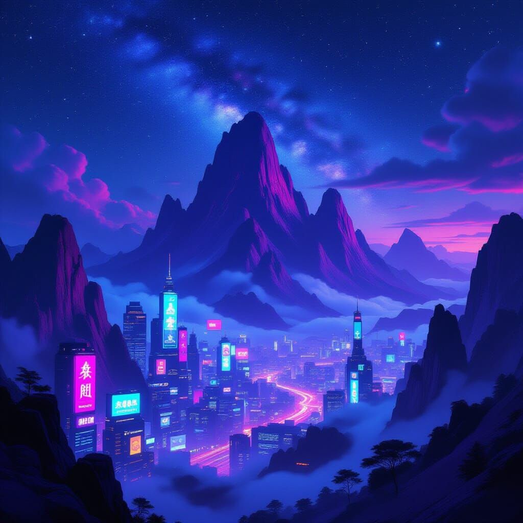 Cyberpunk Cityscape Below Violet Mountains Under Starry Sky