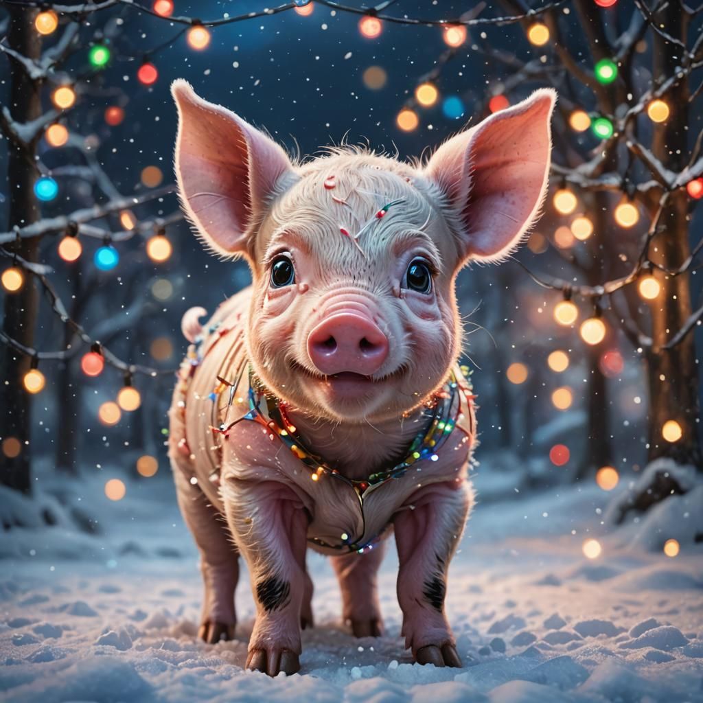 Adorable Piglet Wrapped in Christmas Lights