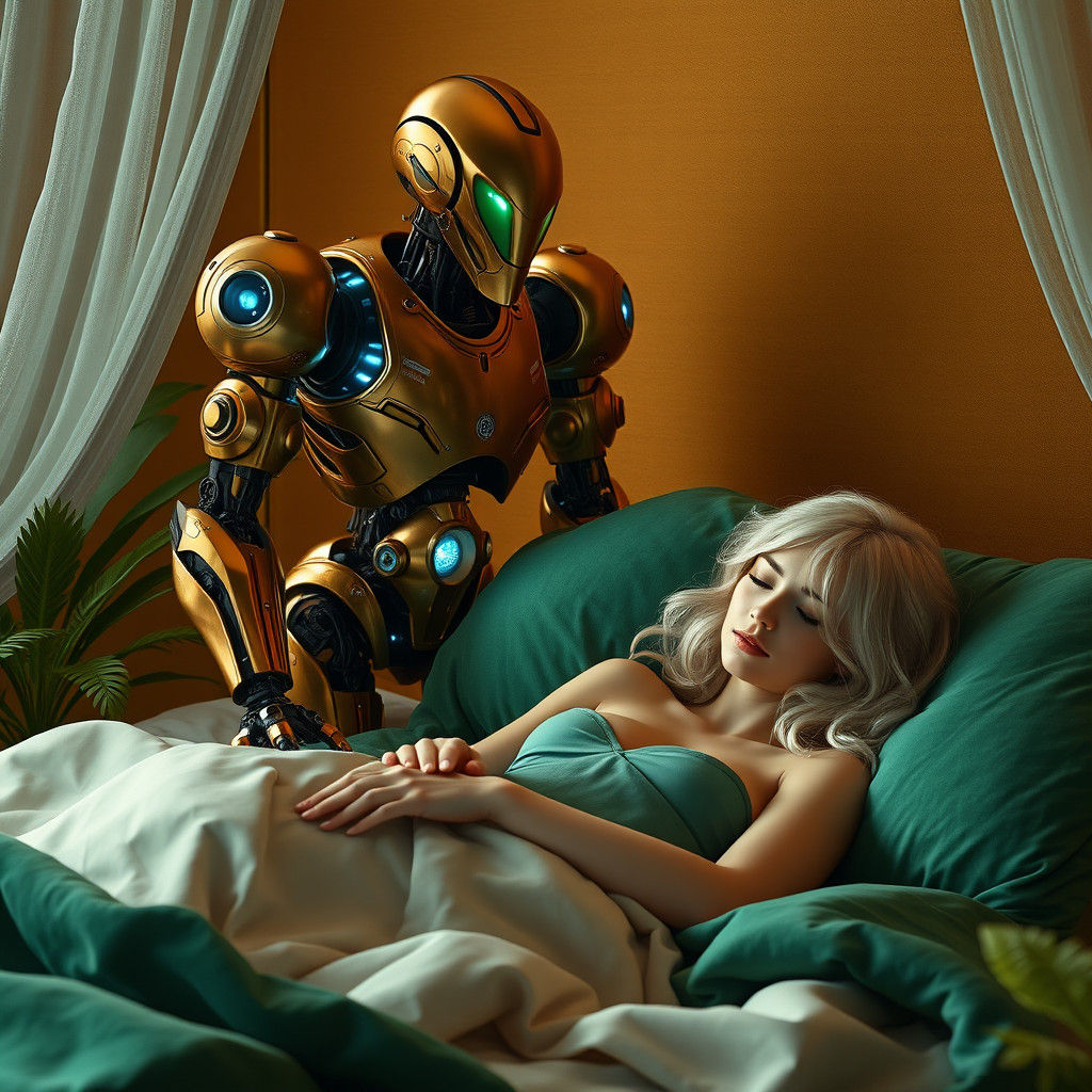 Blonde Woman and Robot in Emerald Garden