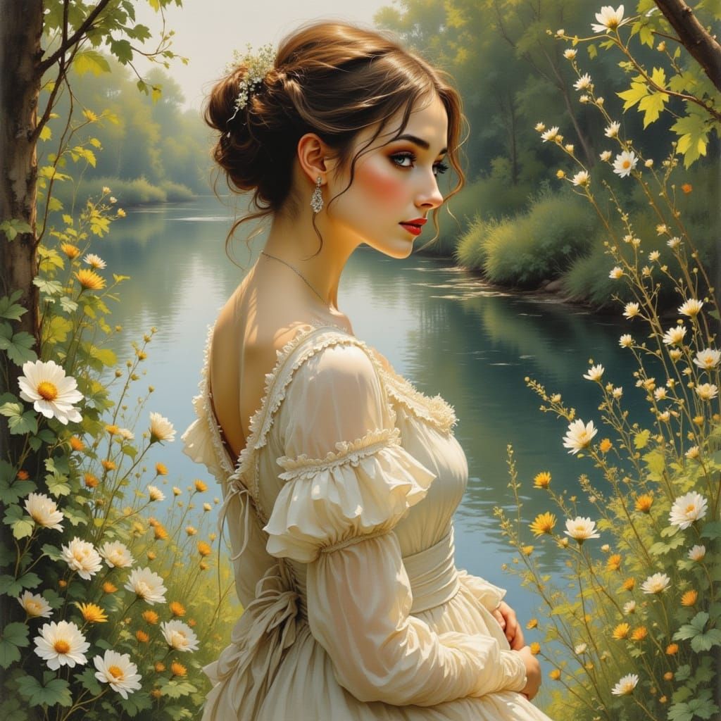 Victorian Woman by River with Flowers