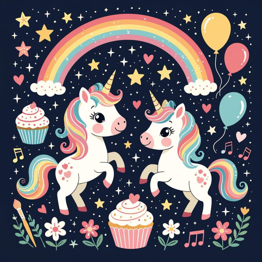 Charming Unicorns in Playful Poses with Magical Elements