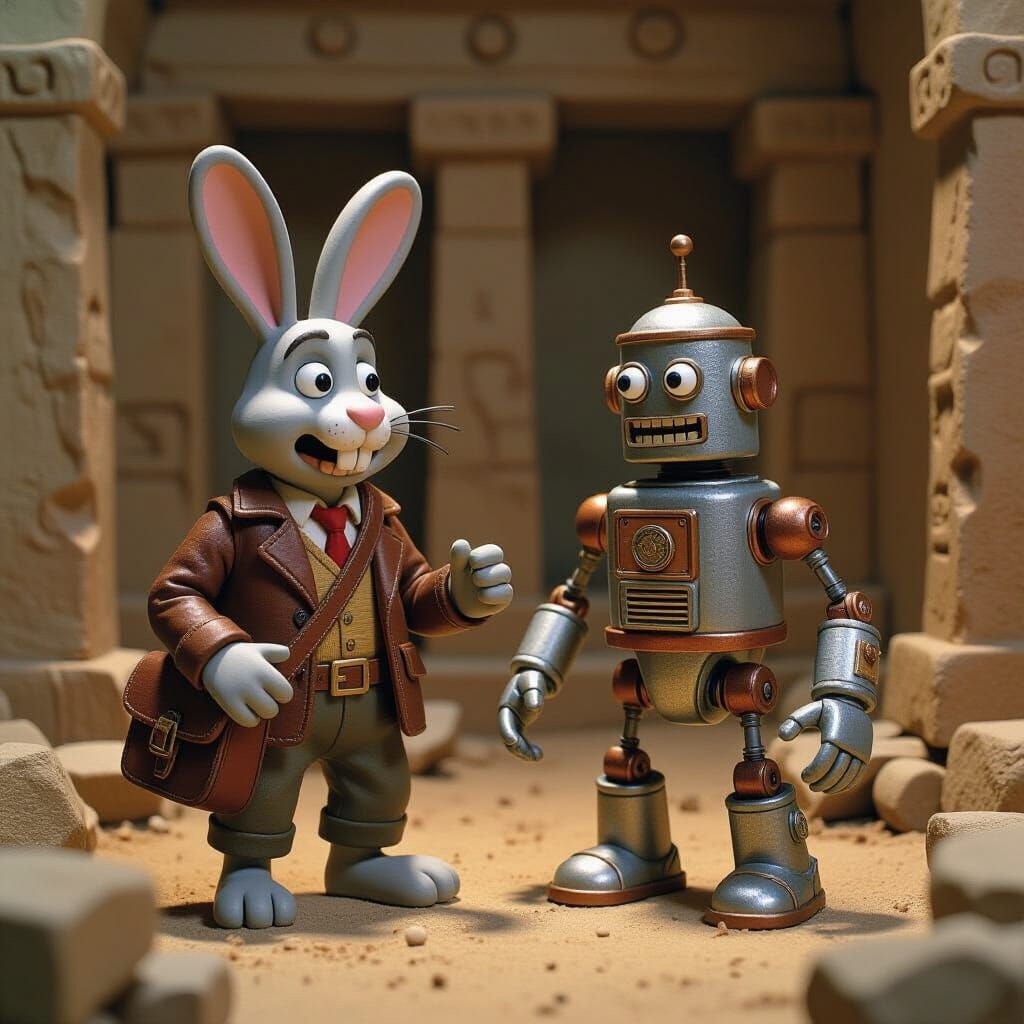 Claymation Rabbit Archeologist in Lost Temple