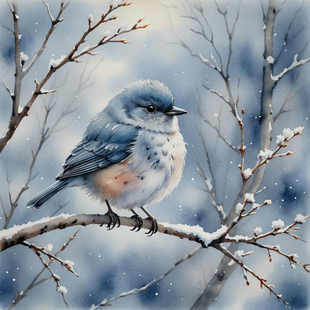 Whimsical Watercolor Bird in Winter Landscape