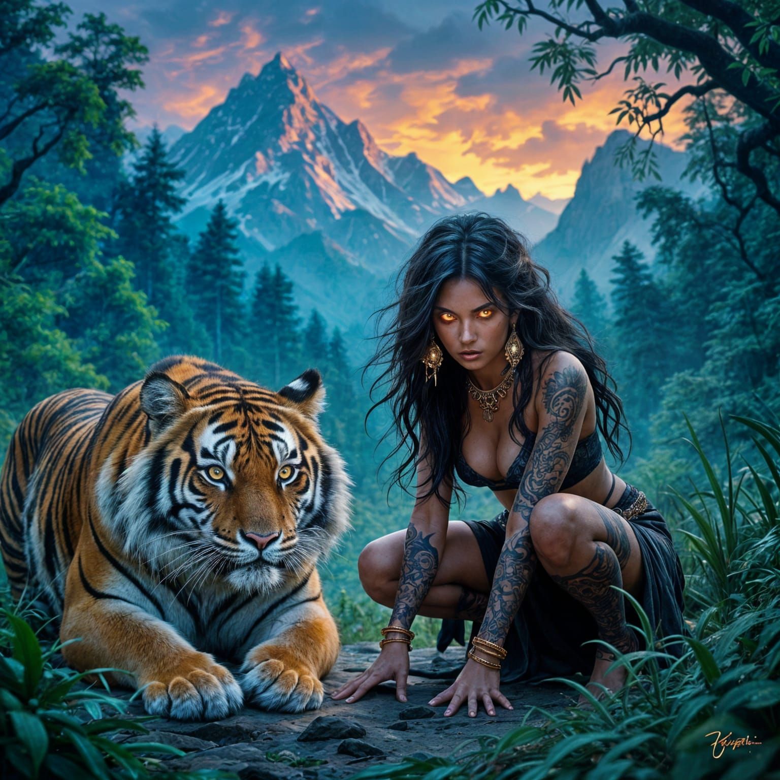 Exotic Woman and Tiger in Mystical Twilight Forest