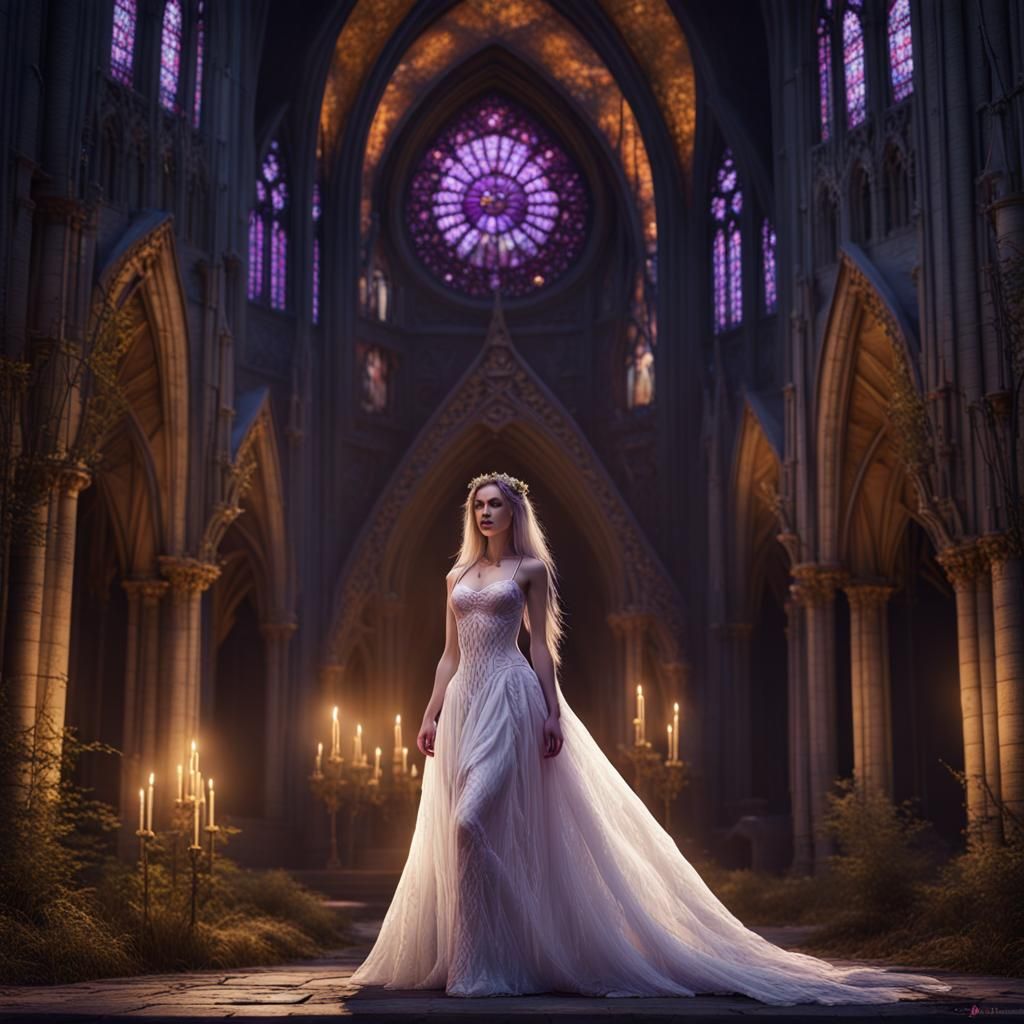 Dark Fantasy Bride in Forest Cathedral, Detailed Digital Art