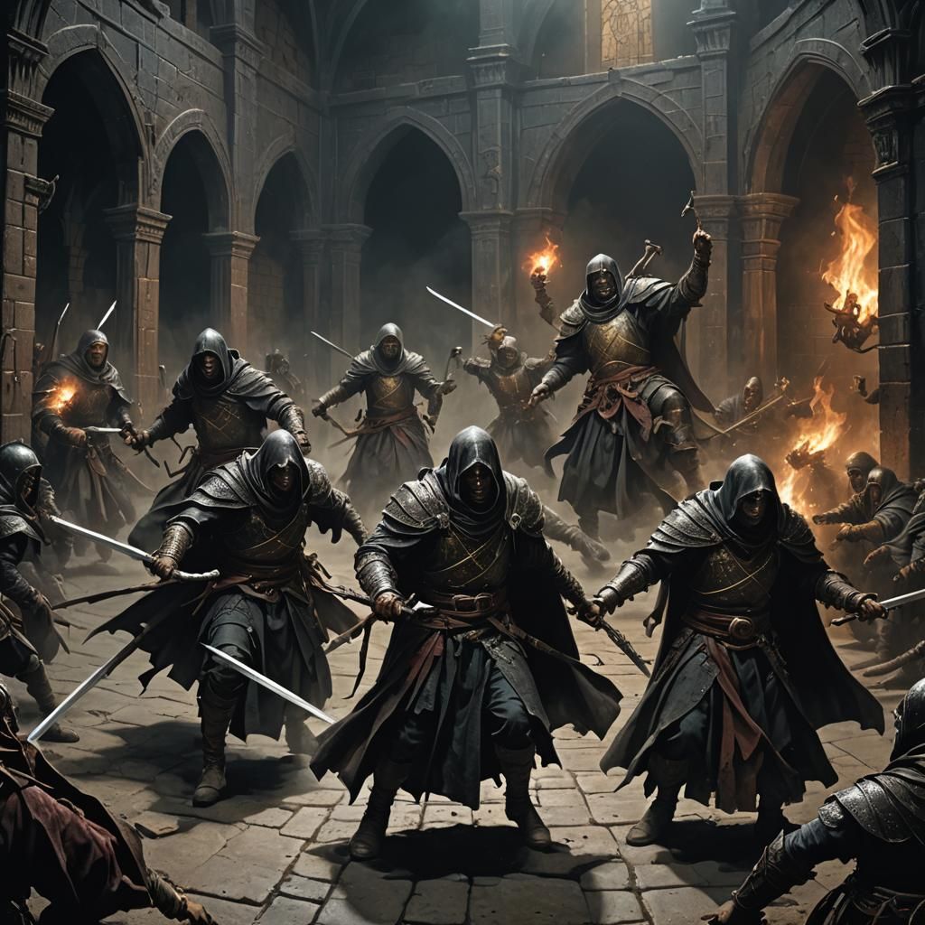 Monks and Warriors Battle Beholder in Dark Arena