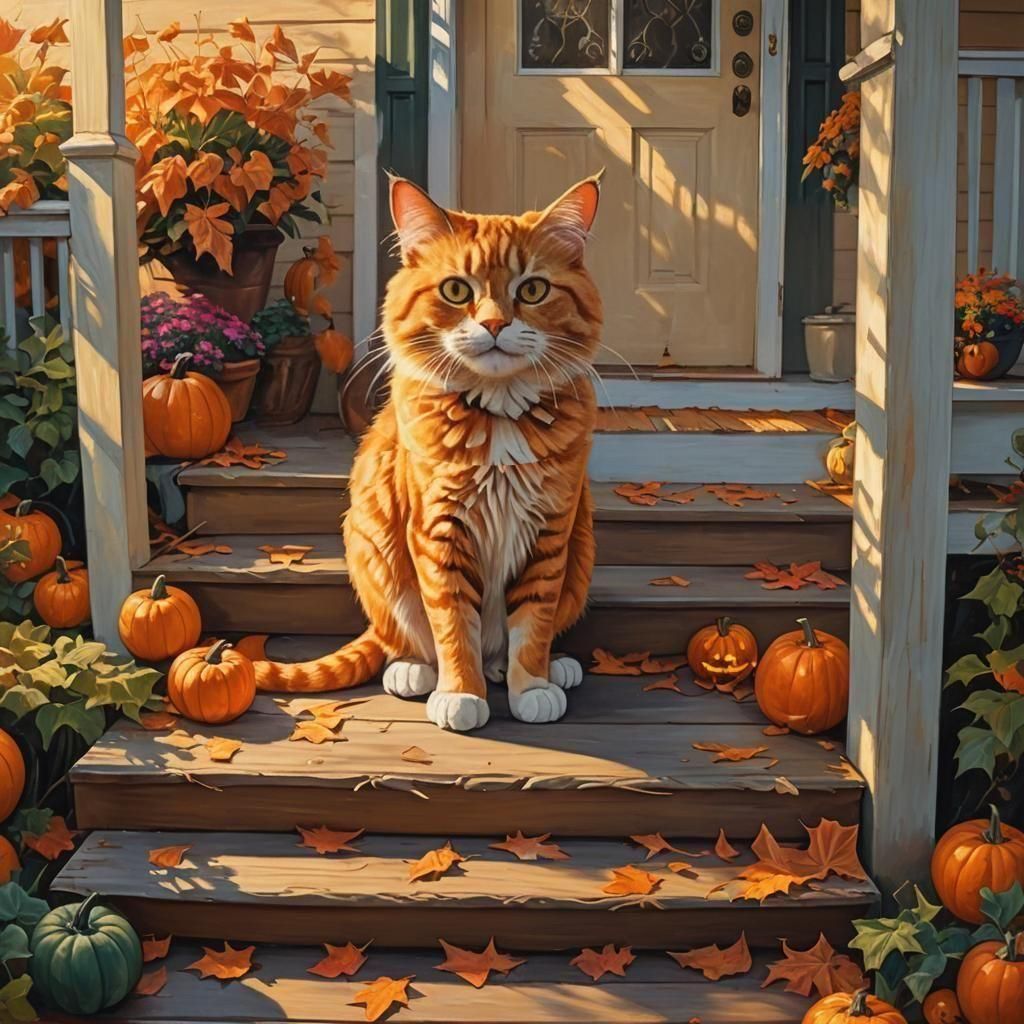 Autumn Cat Emerges from Jack-o'-Lantern at Sunset