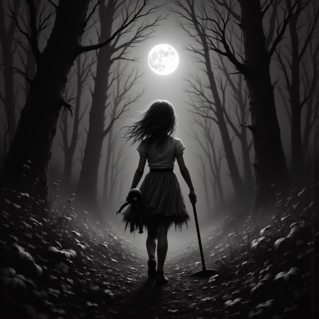 Girl with Doll in Misty Clearing, Black and White Photograph...