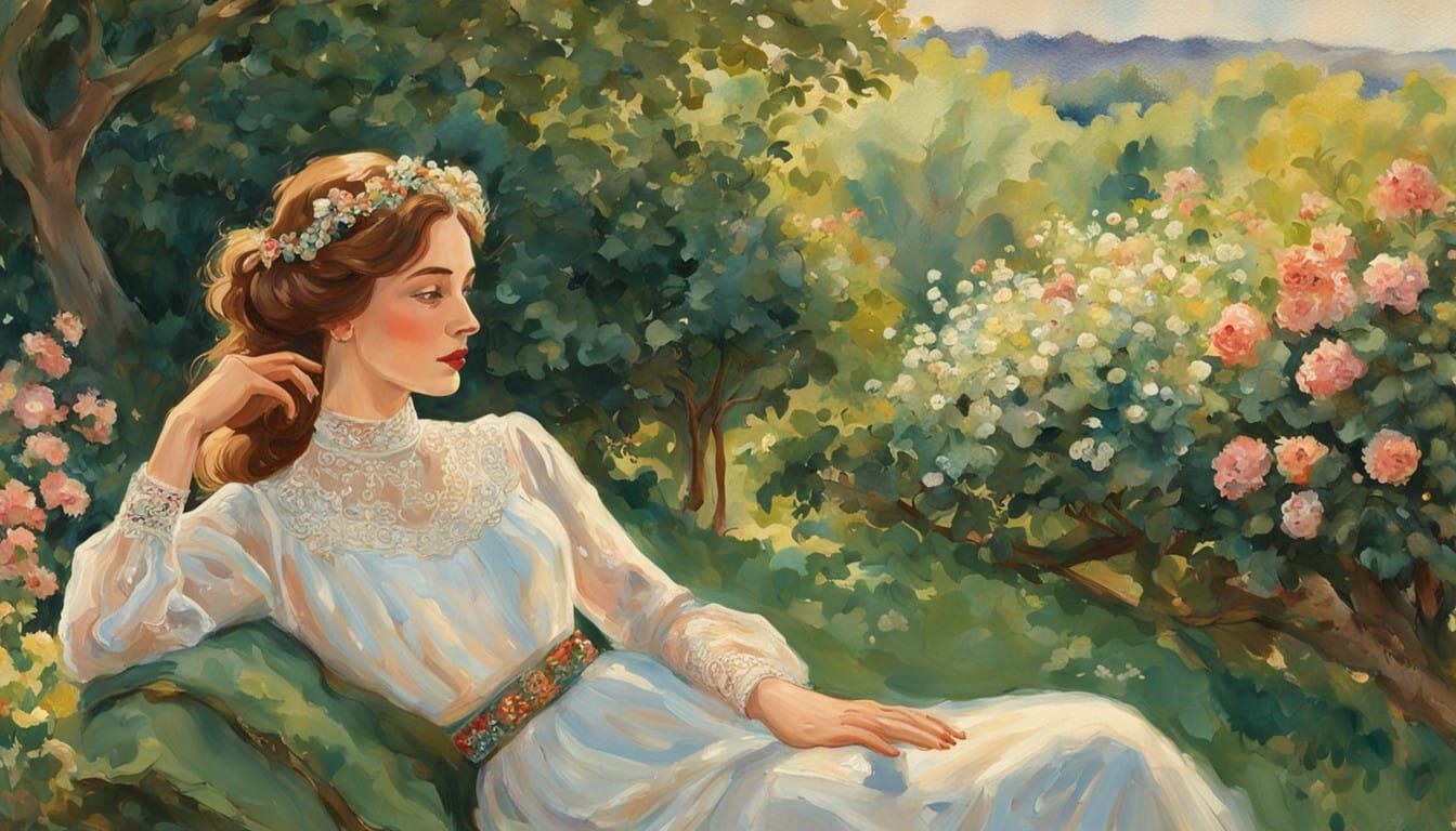 Elegant Woman in a Sun-Drenched Garden