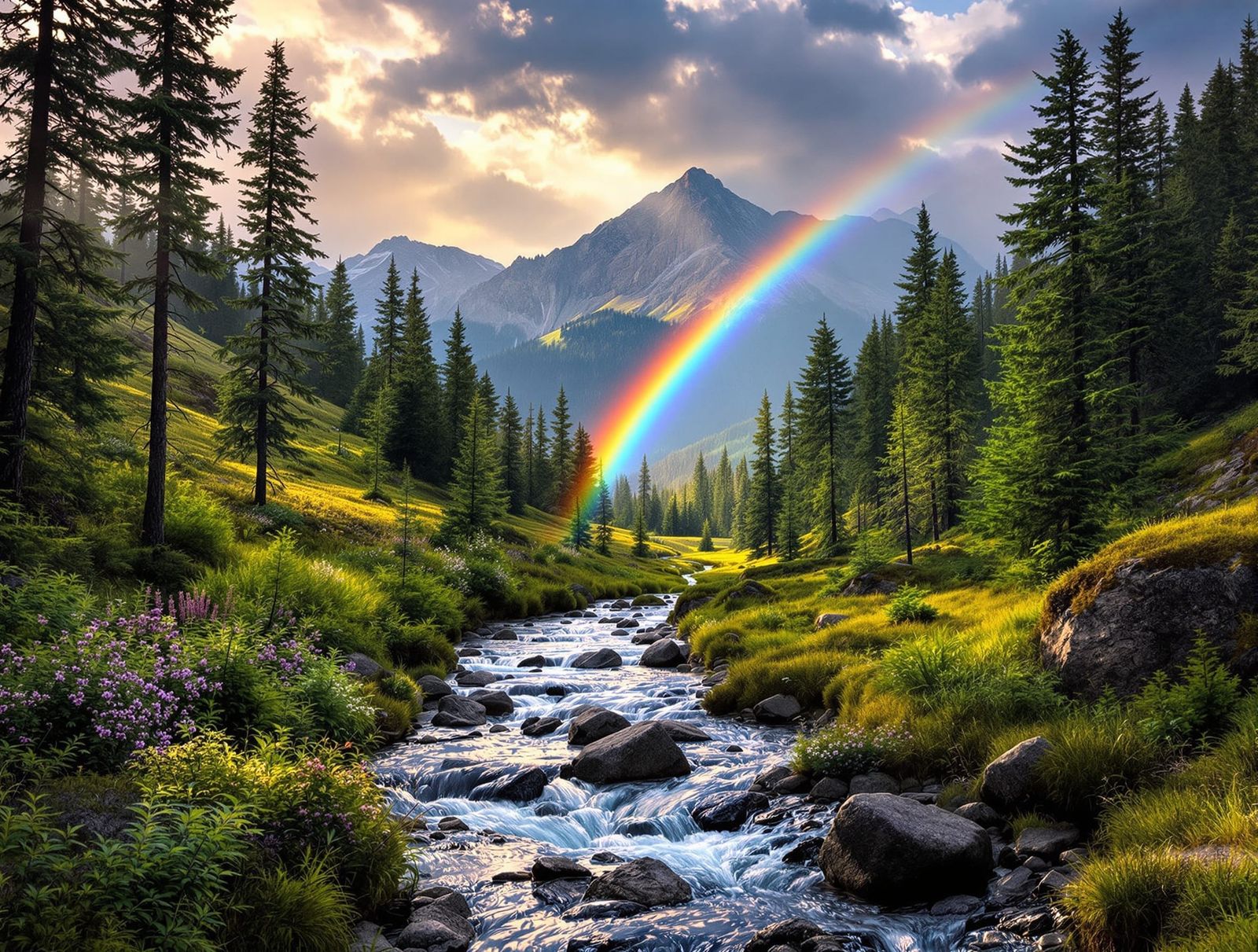 Rainbow over Serene Norse Valley after Spring Rain