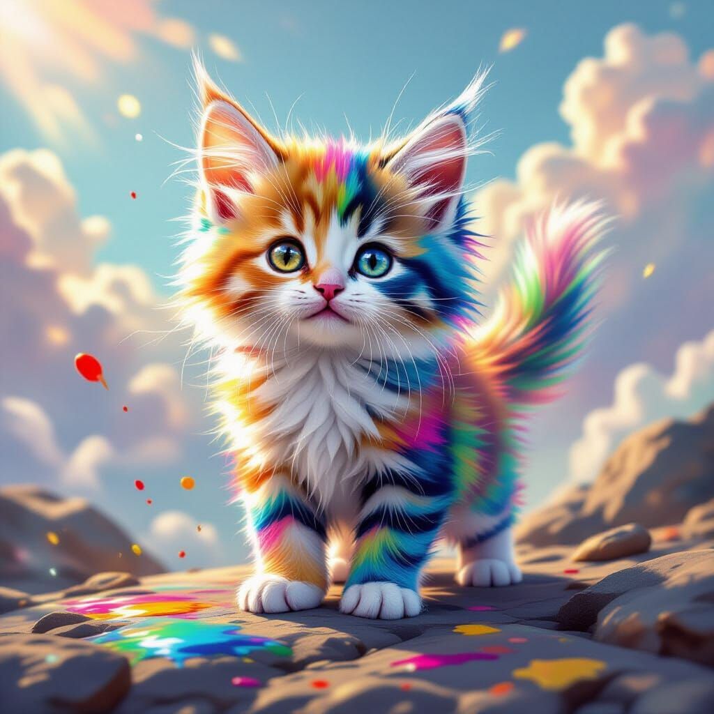 Rainbow Kitten in Dreamy Fantasy Landscape
