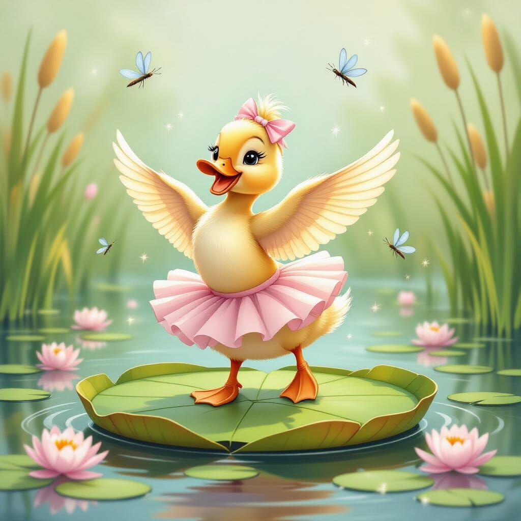 Duckling's Joyful Pirouette on Lily Pad, Watercolor Style