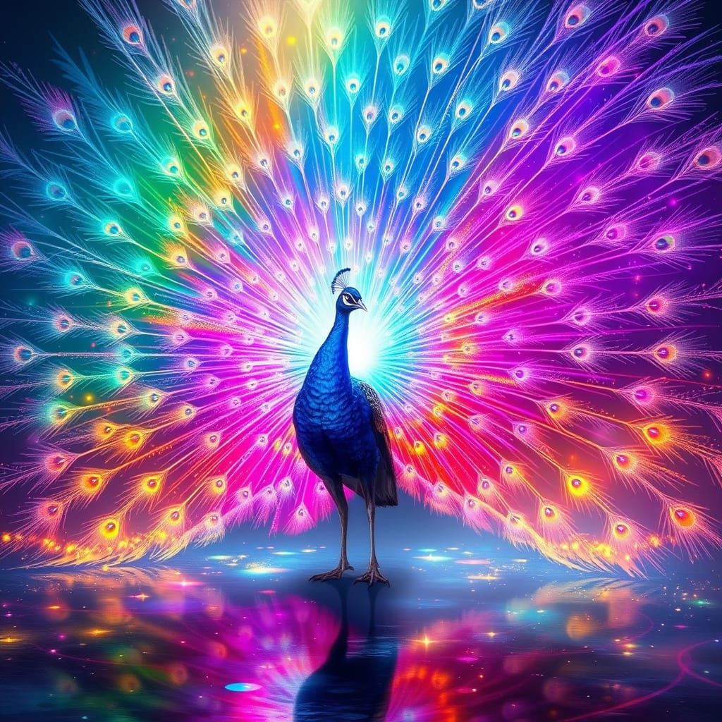 Majestic Peacock of Light Spreads Radiant Feathers