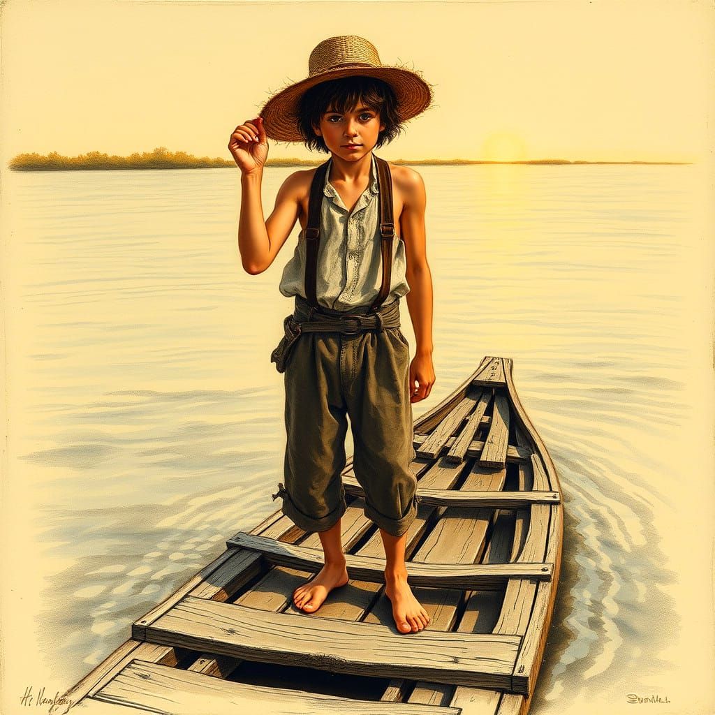 Huckleberry Finn Charcoal Drawing on River Raft