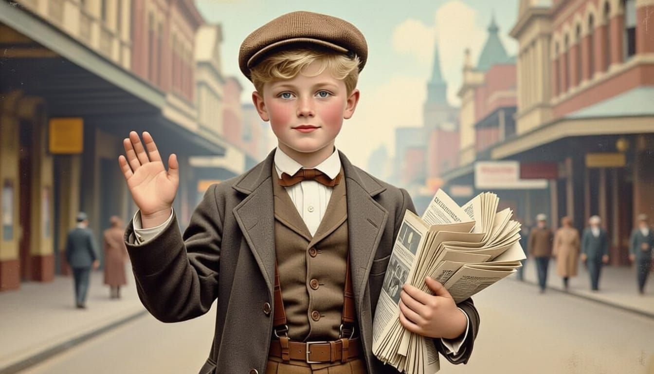 Victorian Newspaper Boy in Pastel Style