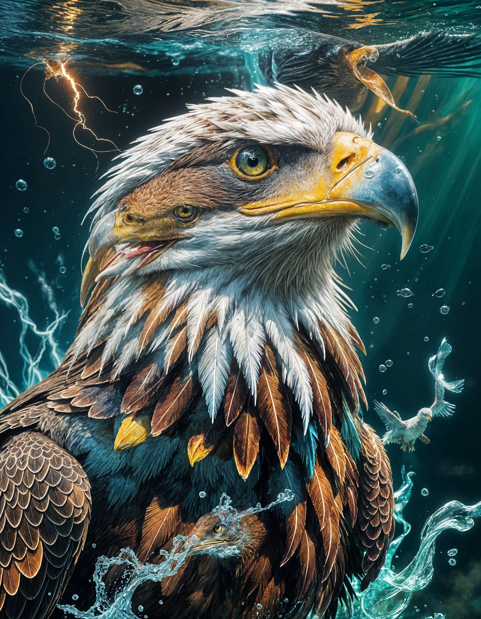 Hyperrealistic Eagle Underwater with Colorful Fish
