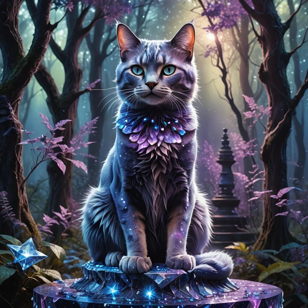Blue Star Cat in Mystical Forest, Digital Art