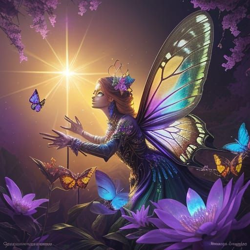 Iridescent Butterflies Dance Around a Glowing Crystal in a M...
